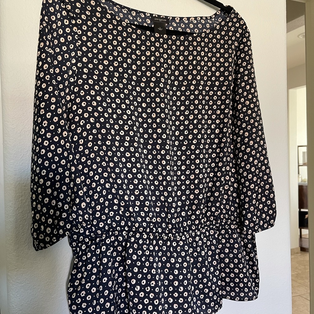 Ann Taylor Navy Blue and Cream Dots Blouse